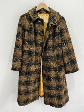 Vintage Womens Plaid Pendleton Wool Coat Jacket brown yellow